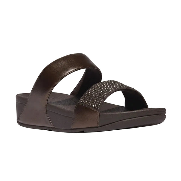 FitFlop Lulu Crystal Embellished slide in Metallic Chocolate with tonal crystal detail