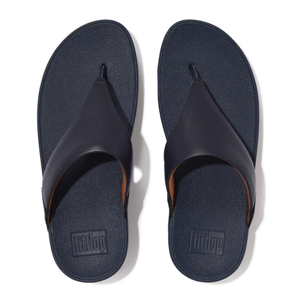 Pair of FitFlop Lulu I88-A15 leather toe-post sandals in Deepest Blue, viewed from above