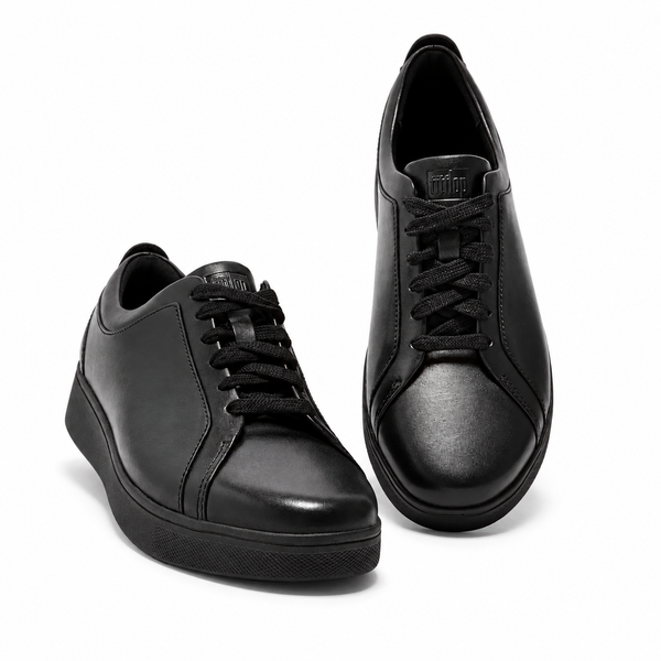 FitFlop Rally X22-090 All Black leather sneakers, pair showing the front and top views