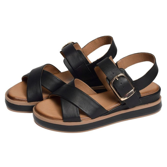 Inuovo 113117 Criss Cross low Wedge Sandal with Buckle - Black - My Shoe Shop - sandal