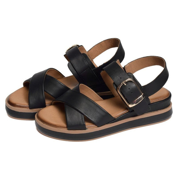 Inuovo 113117 Criss Cross low Wedge Sandal with Buckle - Black - My Shoe Shop - sandal