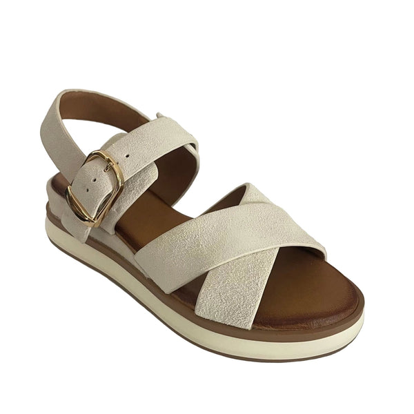 Inuovo 113117 Criss Cross low Wedge Sandal with Buckle - SD Crema - My Shoe Shop - sandal