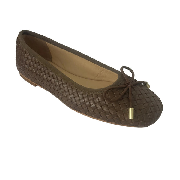 Inuovo A92002 Leather Woven Pump with Bow - Dark Brown - My Shoe Shop - Ballerina