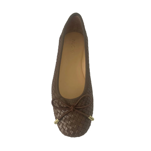 Inuovo A92002 Leather Woven Pump with Bow - Dark Brown - My Shoe Shop - Ballerina