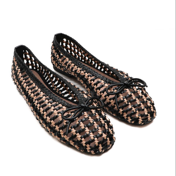 Inuovo A92064 Two-Tone Woven Pump with Bow - Black Goat - My Shoe Shop - Flat