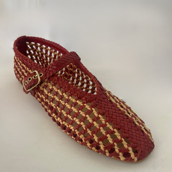 Inuovo D27021 Two-Tone Mary-Jane Woven Pump - Dark Red - My Shoe Shop - Flat