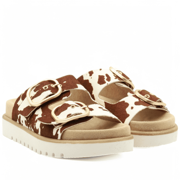 Inuovo D53028 Chunky Two Bar Slip in Buckle Sandal - Pony Tan-Beige - My Shoe Shop - Comfort