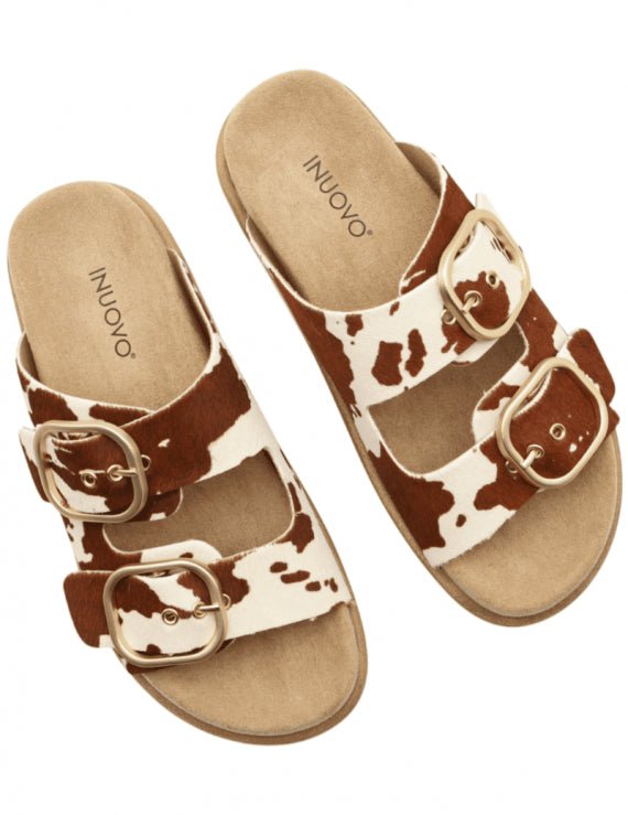 Inuovo D53028 Chunky Two Bar Slip in Buckle Sandal - Pony Tan-Beige - My Shoe Shop - Comfort