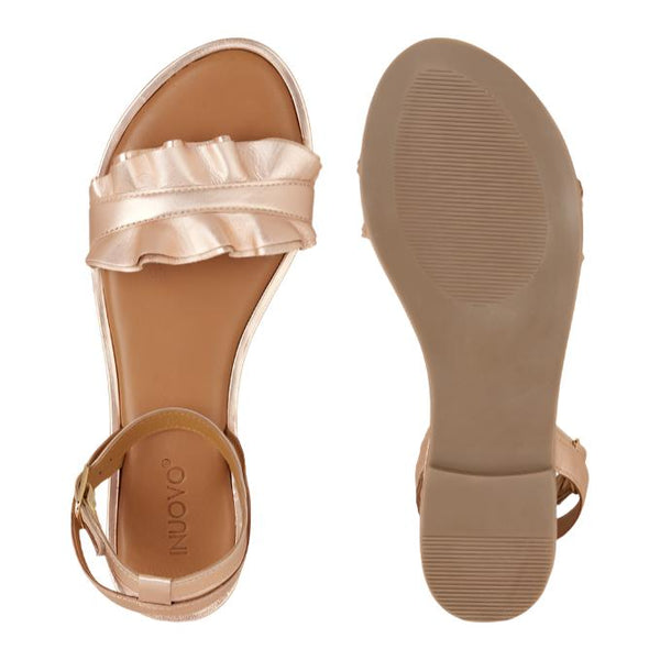 Inuovo Flat Frill Sandal with Ankle Tie 130009 - Rose Gold - My Shoe Shop - sandal