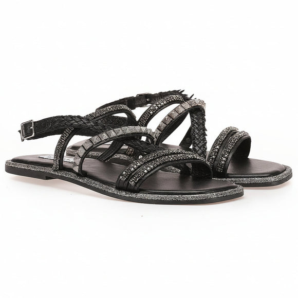 Inuovo 966040 black strappy sandal with beaded upper, multi-strap design and cushioned footbed.