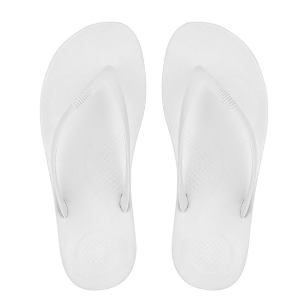 FitFlop iQushion E54-194 Urban White flip-flops, pair viewed from above showing toe-post straps and footbeds