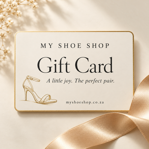My Shoe Shop gift card in ivory and gold with an illustrated sandal