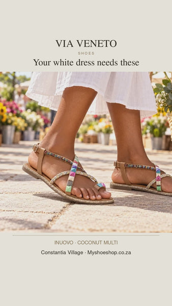 Inuovo Coconut Multi flat sandals — summer market and brunch styling video by Via Veneto Shoes