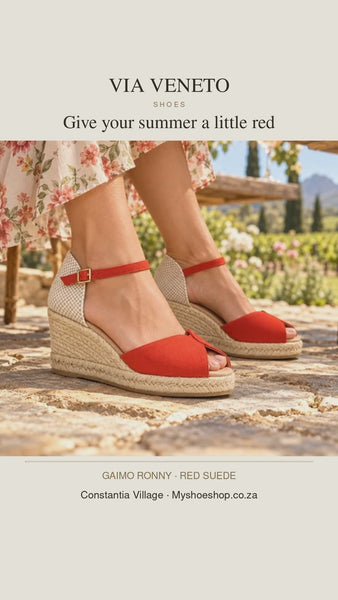 Gaimo Ronny Rojo red suede espadrille wedges — Winelands lunch styling video by Via Veneto Shoes