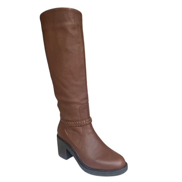 High Leather Boot with Braided Detail - Brown
