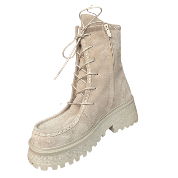 Chunky Boot with Laceup Detail - Beige Suede - My Shoe Shop - Boots