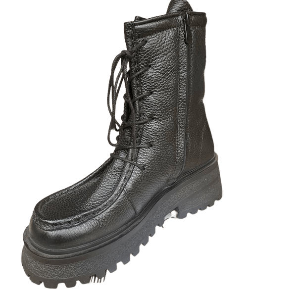 Chunky Boot with Laceup Detail - Black Leather - My Shoe Shop - Boots