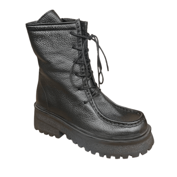 Chunky Boot with Laceup Detail - Black Leather - My Shoe Shop - Boots