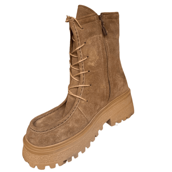 Chunky Boot with Laceup Detail - Tan Suede - My Shoe Shop - Boots