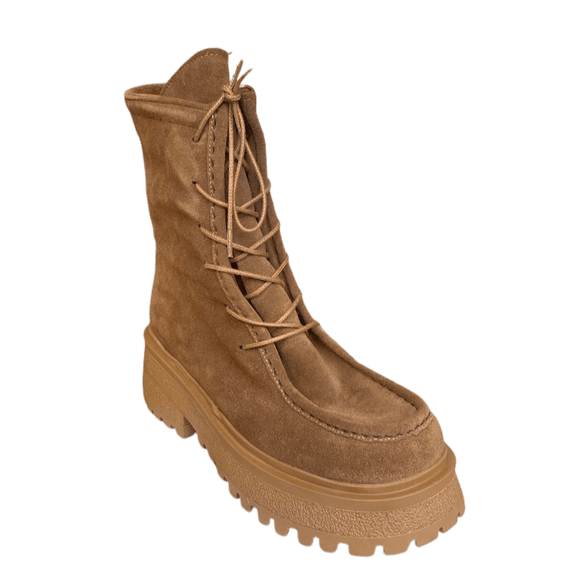 Chunky Boot with Laceup Detail - Tan Suede - My Shoe Shop - Boots