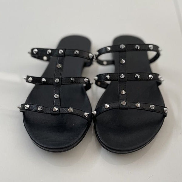 Inouvo 101095 Flat Slip-in Sandal w Studs - Black - My Shoe Shop - Flat