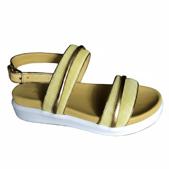 Inuovo 108007 lime wedge sandal with two mesh-covered leather straps and adjustable ankle strap.