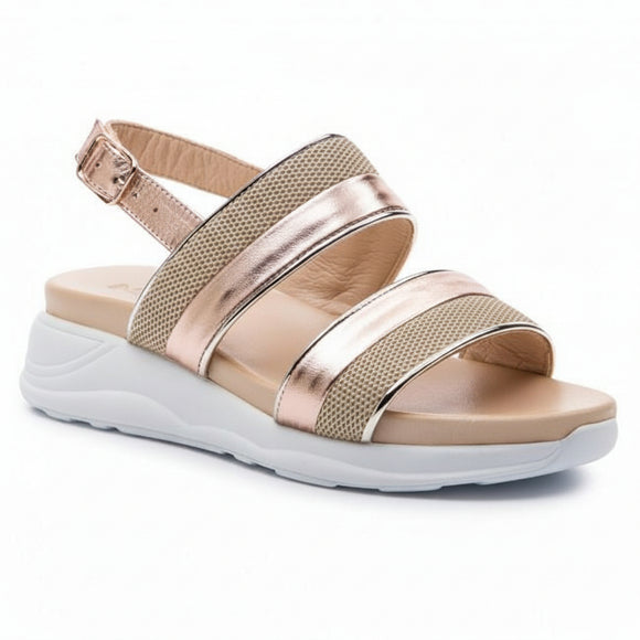 Inuovo 114008 beige leather wedge sandal with double front straps, adjustable heel strap and gold detailing.