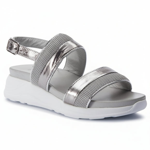 Inuovo 114008 Ice leather wedge sandal with double front straps, adjustable heel strap and silver detailing.