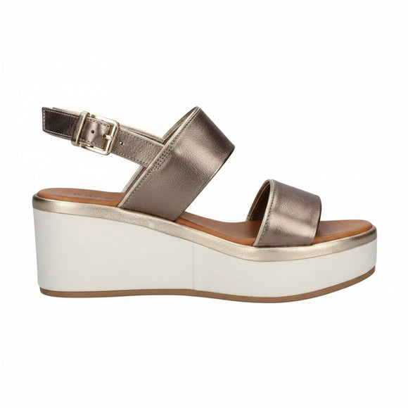 Inuovo 8674 pewter leather platform wedge sandal with double straps and adjustable ankle strap.