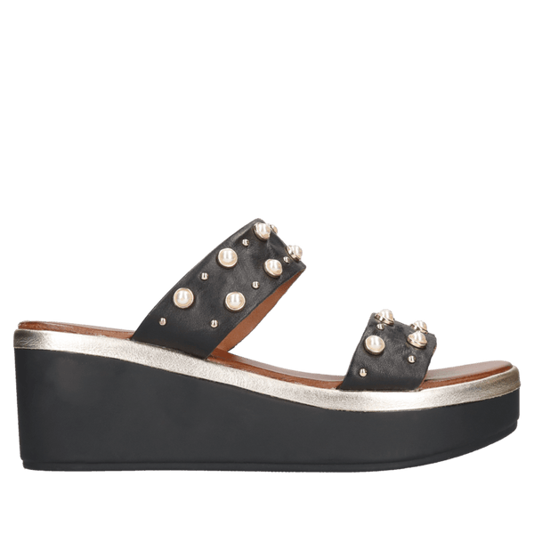 Inuovo 8686 Double Strap Pearl Wedge - Black - My Shoe Shop - Wedge