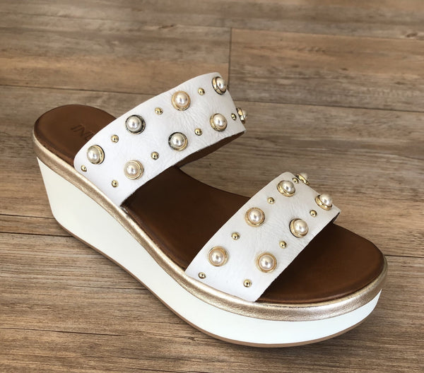 Inuovo 8686 Double Strap Pearl Wedge - White - My Shoe Shop - Wedge