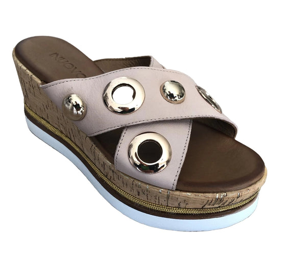 Inuovo 8790 blush leather slip-in wedge with cork sides, studded straps and gold eyelets.