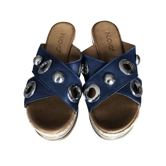 Inuovo 8790 Slip In Wedge with Silver Eyelets - Navy - My Shoe Shop - Wedge