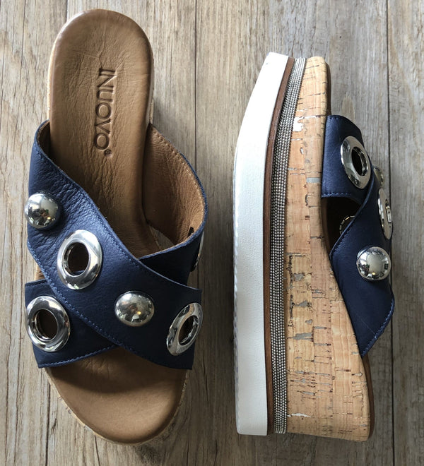 Inuovo 8790 Slip In Wedge with Silver Eyelets - Navy - My Shoe Shop - Wedge