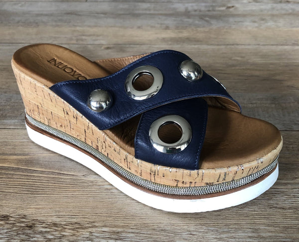 Inuovo 8790 Slip In Wedge with Silver Eyelets - Navy - My Shoe Shop - Wedge
