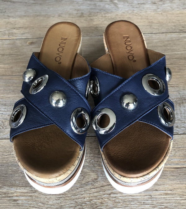 Inuovo 8790 Slip In Wedge with Silver Eyelets - Navy - My Shoe Shop - Wedge