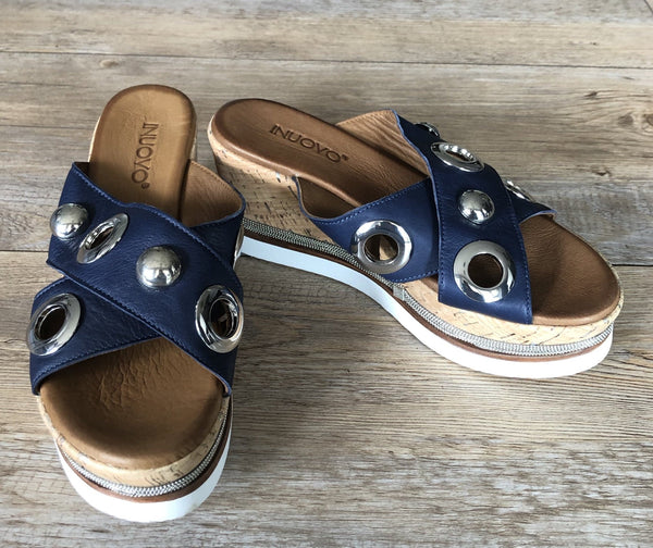 Inuovo 8790 Slip In Wedge with Silver Eyelets - Navy - My Shoe Shop - Wedge