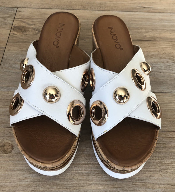 Inuovo 8790 Wedge with Gold Eyelets - White - My Shoe Shop - Wedge