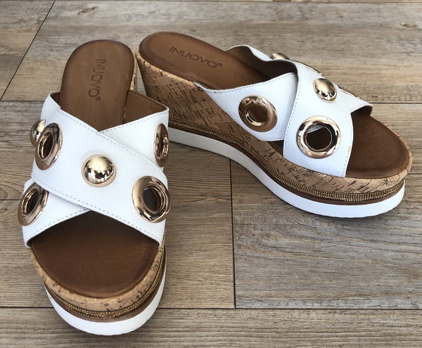 Inuovo 8790 Wedge with Gold Eyelets - White - My Shoe Shop - Wedge