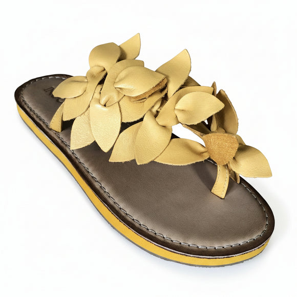 Inuovo 9091 mustard leather slip-on sandal with removable soft leather flower decorations.