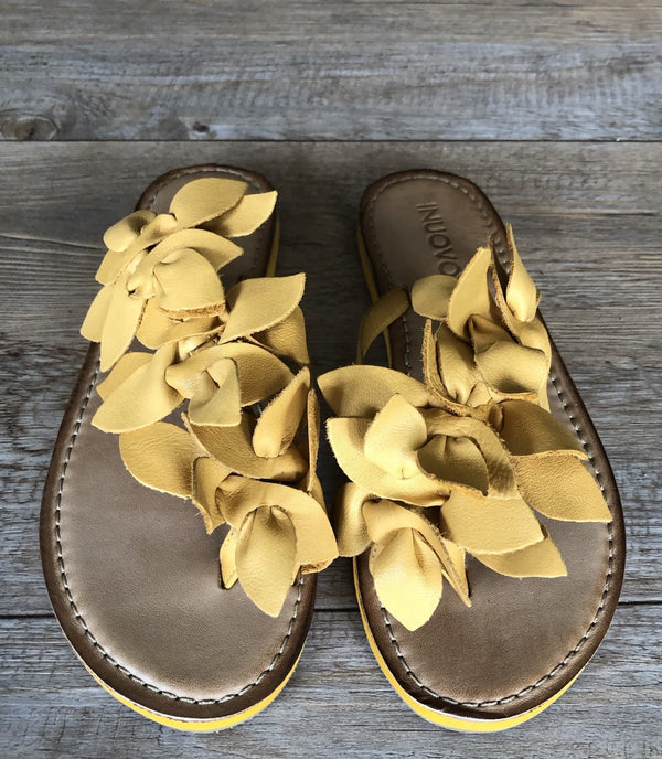 Inuovo 9091 Leather Slipper with Flowers- Mustard - My Shoe Shop - Slipper