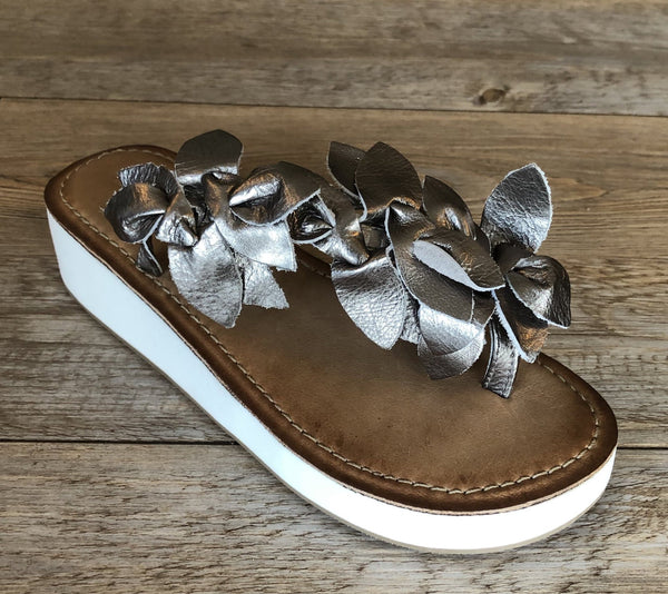 Inuovo 9105 Leather Slipper Wedge with Flowers - Pewter - My Shoe Shop - Wedge