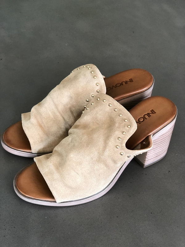 Inuovo soft leather slip in heels w studs - Beige Suede - My Shoe Shop - sandal
