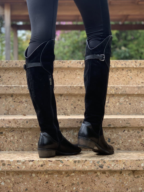 Knee High Suede and Leather Boot - Black - My Shoe Shop - boot