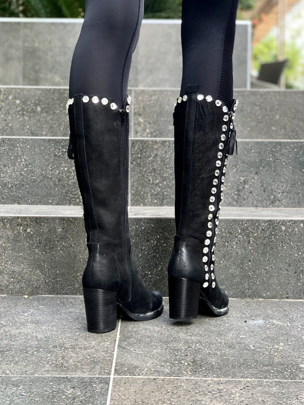 La Femme Plus High Nubuck Boots with Diamante - Black - My Shoe Shop - Boots