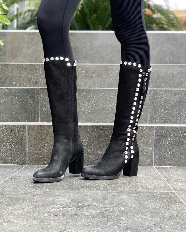 La Femme Plus High Nubuck Boots with Diamante - Black - My Shoe Shop - Boots