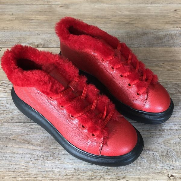 Sergio Puccini Leather Sneaker with Fur - Red - My Shoe Shop - Leather sneaker