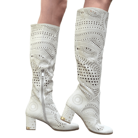 Tall Lasercut Leather Boot - Beige - My Shoe Shop - boot