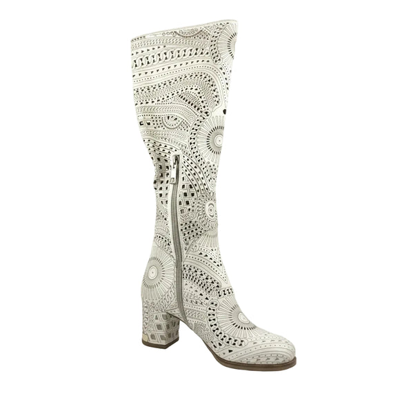 Tall laser-cut leather boot in Beige