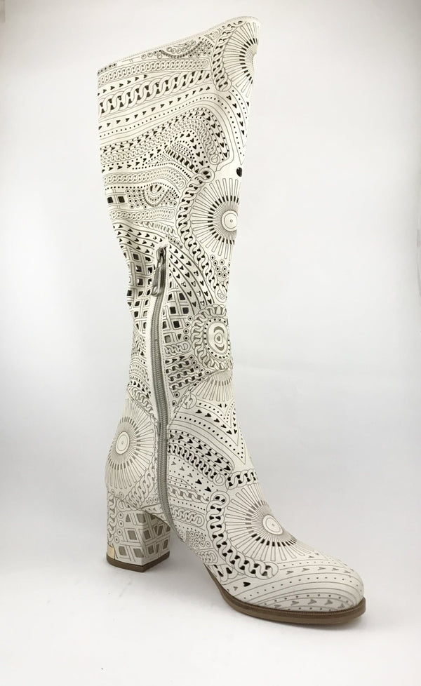 Tall Lasercut Leather Boot - Beige - My Shoe Shop - boot